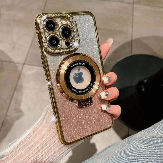 Magnetic Case for iPhone 16 Pro with Holder Stand, Rhinestone Glitter Plated Bling Luxury Phone Case Compatible with MagSafe Shockproof Kickstand Design for iPhone 16 Pro - Gold