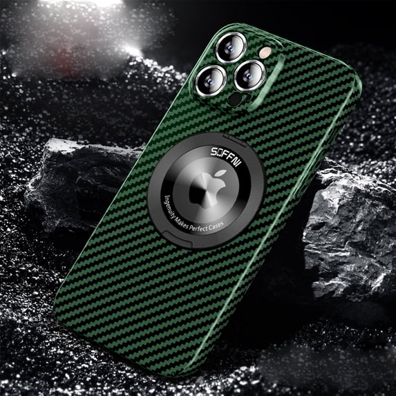Magnetic Case for iPhone 16 Pro Max with 360 Rotating Ring Kickstand, Aramid Carbon Fiber Ultra-Thin Shockproof Protective Cover Compatible with MagSafe Wireless Charger, Darkgreen