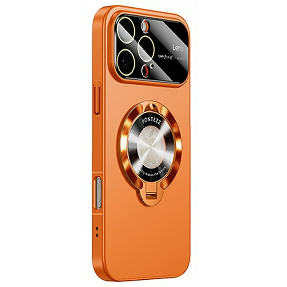 Magnetic Case for iPhone 16 Pro Max with Big Window Glass Lens Camera Full Protector [Compatible with Magsafe] Shockproof Logo View Hidden Kickstand PC Slim Phone Case for Women Men,Orange