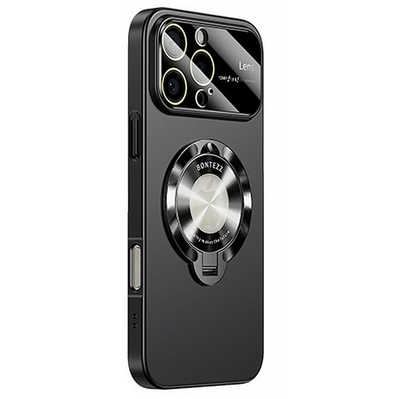 Magnetic Case for iPhone 16 Pro Max with Big Window Glass Lens Camera Full Protector [Compatible with Magsafe] Shockproof Logo View Hidden Kickstand PC Slim Phone Case for Women Men,Black
