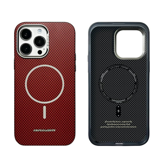 Magnetic Case for iPhone 16 Pro Max, Compatible with Mag-Safe, Carbon Fiber Texture Cover with Metal Lens Frame Camera Protection, Slim Lightweight Hard Protective Case for iPhone 16 Pro Max, Red