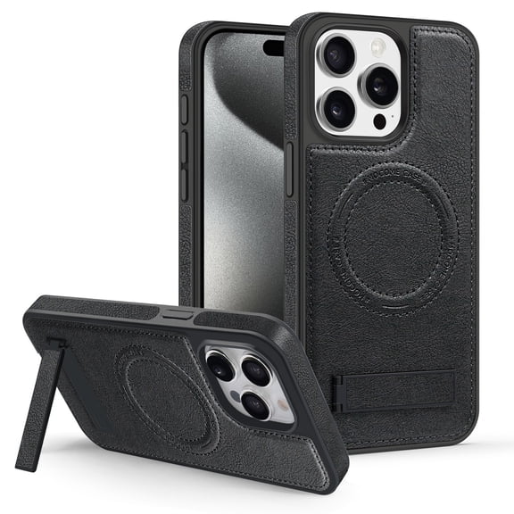 Magnetic Case For iPhone 16 Pro Max,Compatible with MagSafe,Built-in Foldable Kickstand for Vertical & Horizontal View,Shockproof Protective PU Leather Case For iPhone 16 Pro Max,Black
