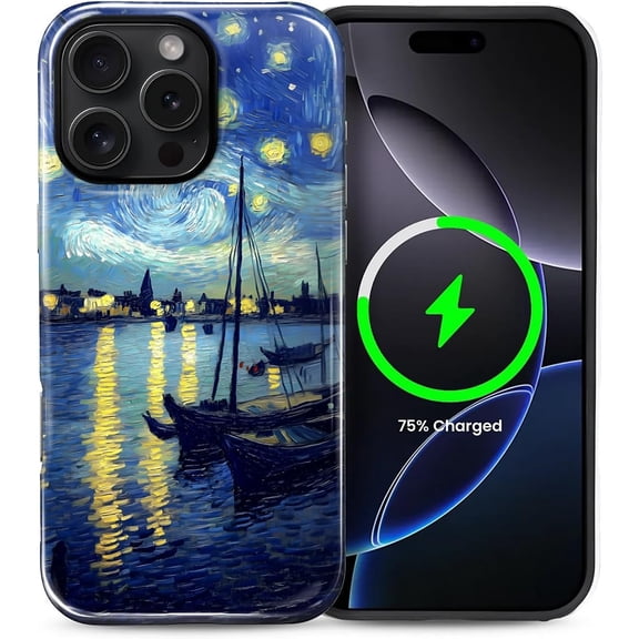 Magnetic Case for iPhone 16 Pro Max, Compatible with MagSafe Hard Shell + Soft Silicone 2 in 1 Hybrid Shockproof Bumper Drop Protective Case Starry Night Sailboat