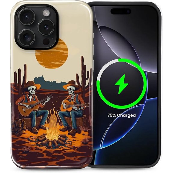 Magnetic Case for iPhone 16 Pro Max, Compatible with Magsafe PC Hard Shell & Silicone Inner Bumper Anti-Scratch Full-Body Cover Shockproof Slim Design Cowboy Skeleton Sunset