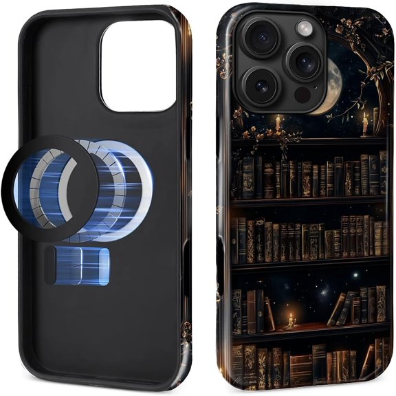 Magnetic Case for iPhone 16 Pro Max Design, Compatible with MagSafe, Slim Protective Soft TPU Bumper Phone Cover Women Girls Case for iPhone 16 Pro Max-Dark Gothic Bookshelf Moon