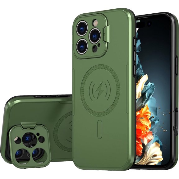 Magnetic Case for iPhone 16 Pro Max with Foldable Kickstand Camera Lens Cover Support Wireless Charging 16 Pro Max Case Slim Dual Layer Shockproof Protective Bumper Phone Cover 6.7",Green