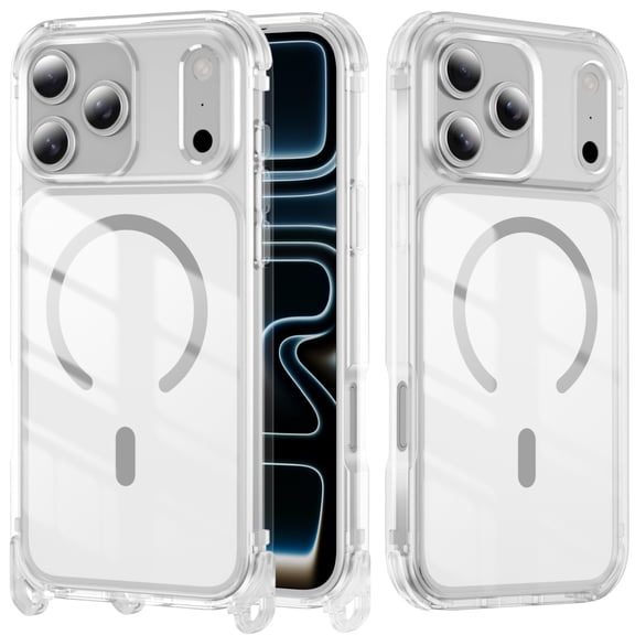 Magnetic Case for iPhone 16 Pro Max, Luxury Crystal Clear Removable Long Strap Compatible with MagSafe Ultra Slim TPU+PC Anti-fall Anti-Scratch Anti-Yellowing Phone Cover, Gray