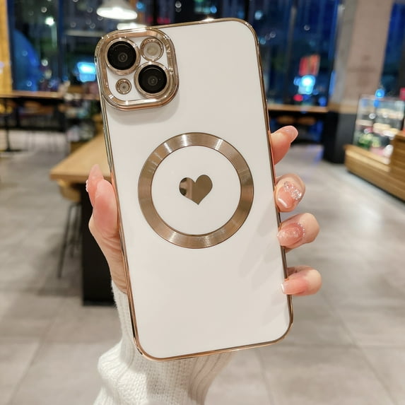 Magnetic Case for iPhone 16 Pro Max, Luxury Slim Plating Cute Love Heart Phone Case Cover Compatible with Magsafe for Women Girls with Camera Lens Protector for iPhone 16 Pro Max - White