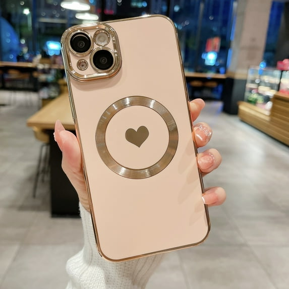 Magnetic Case for iPhone 16 Pro Max, Luxury Slim Plating Cute Love Heart Phone Case Cover Compatible with Magsafe for Women Girls with Camera Lens Protector for iPhone 16 Pro Max - Pink