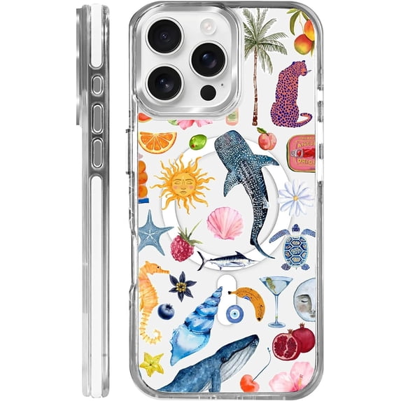 Magnetic Case for iPhone 16 Pro Max, Summer Sea Turtles Whale Shells Compatible with MagSafe Wireless Charging, Shockproof Protective Phone Case Cover, Clear White