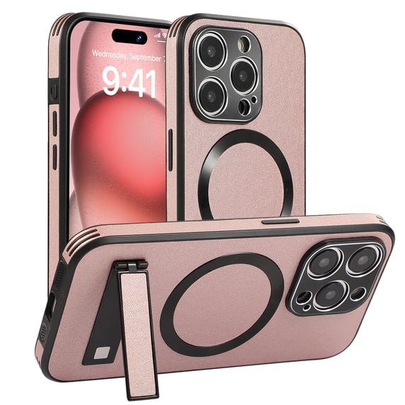Magnetic Case for iPhone 16 Pro, Support Car Mount, Compatible with Magsafe, with Built-in Invisible Kickstand, Slim Hybrid Shockproof Protective Phone Cover for iPhone 16 Pro, Rosegold