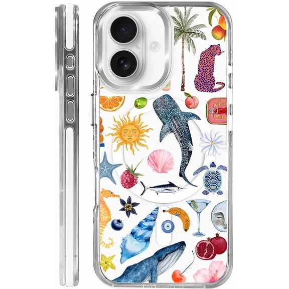 Magnetic Case for iPhone 16, Summer Sea Turtles Whale Shells Compatible with MagSafe Wireless Charging, Shockproof Protective Phone Case Cover, Clear White