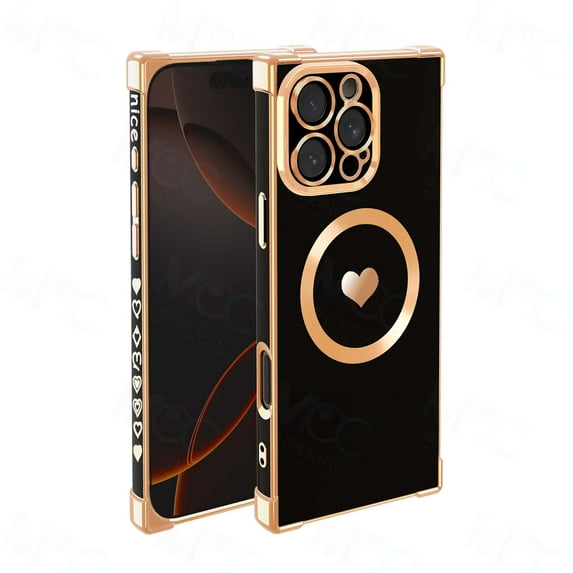 Magnetic Case for iPhone 16, Women Girls Luxury Plating Cute Love Heart Slim Fit Lightweight Cover Full Camera Lens Protection Compatible with MagSafe Case for iPhone 16, Black