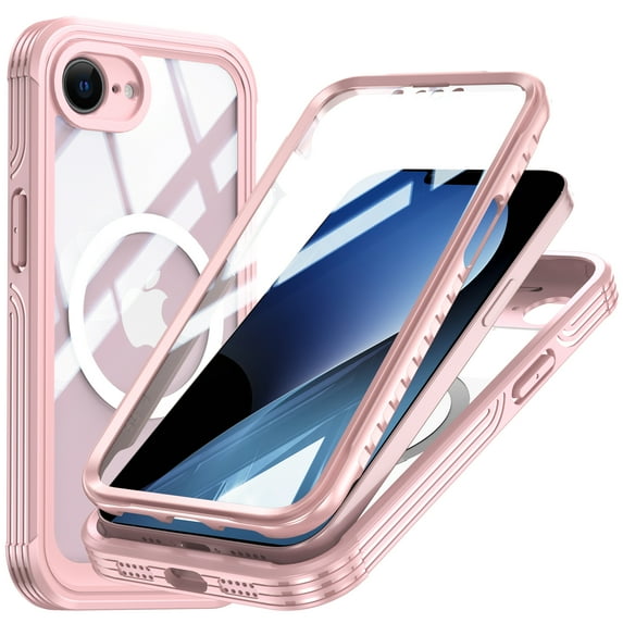 Magnetic Case for iPhone 16e Case, Built-in Tempered Glass Screen Protector, Compatible with Magsafe, Rugged Shockproof Full-body Protective Cover For iPhone 16e,Pink