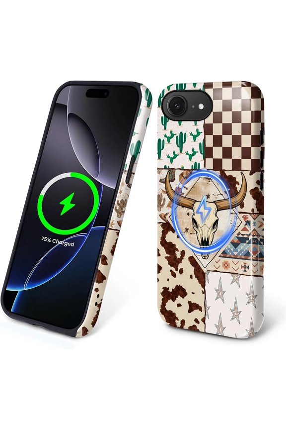 Magnetic Case for iPhone 16e, Compatible with Magsafe, PC Hard Shell & Silicone Inner Bumper, Anti-Scratch Full-Body Cover Shockproof Slim Design Case - Western Cowboy Bull Skeleton