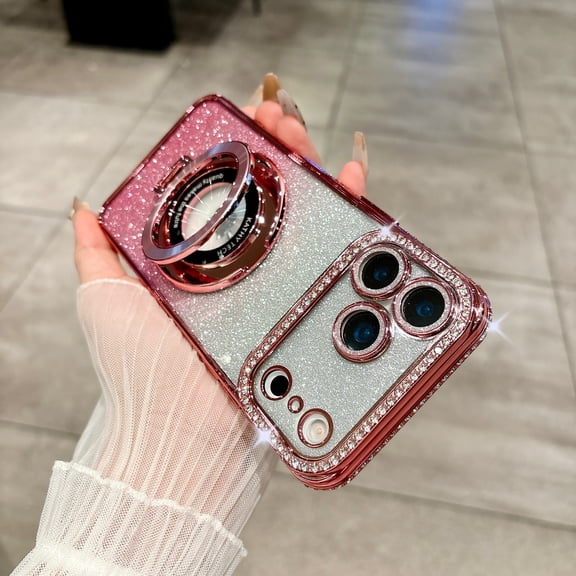 Magnetic Case for iPhone 16e with Holder Stand, Rhinestone Glitter Plated Bling Luxury Phone Case Compatible with MagSafe Shockproof Kickstand Design for iPhone 16e - Pink