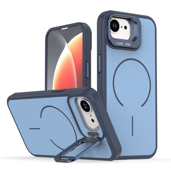 Magnetic Case for iPhone 16e with Kickstand, Compatible with Magsafe, Built-in Camera Stash Stand, Military Protection, Frosted Skin Feeling Phone Case for iPhone 16e, Blue