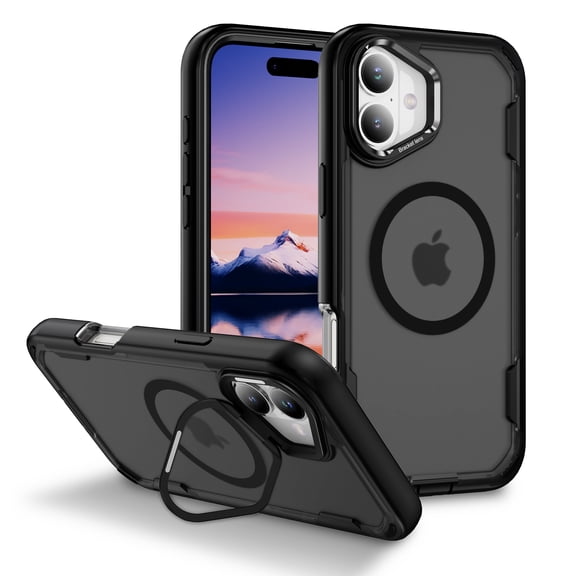 Magnetic Case for iPhone 17, 2-in-1 TPU+PC Slim Cover with Kickstand Camera Frame Cover, Wireless Charging Compatible, Skin-Friendly Lightweight Protective Case, Black + Clear Gray