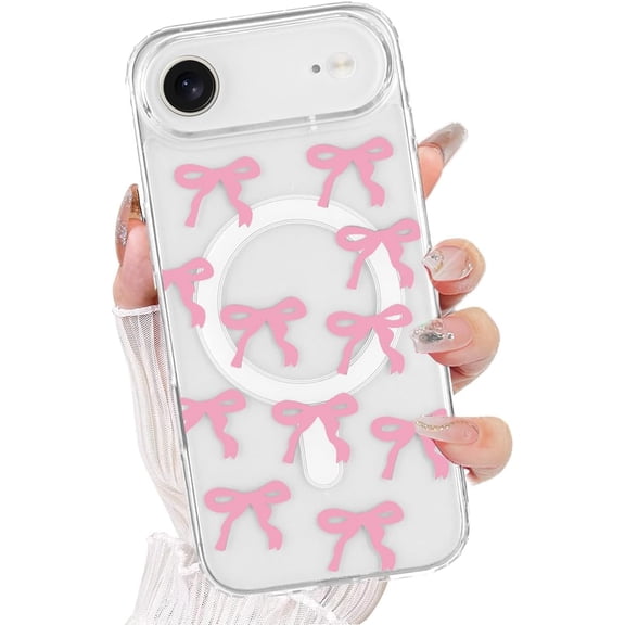 Magnetic Case for iPhone 17 Air, [Compatible with MagSafe] Cute Clear Bow Bowknot Ribbon Pattern Aesthetic Anti-Scratch Shockproof Protective Soft Phone Cover for iPhone 17 Air 6.5", Pink