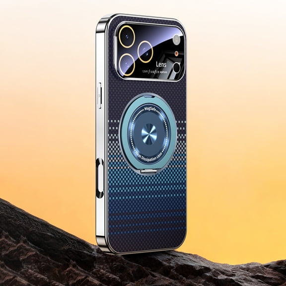 Magnetic Case For iPhone 17, Carbon Fiber Texture with 360° Rotatable Ring Kickstand, Mag Safe Compatible, Built-in Full Camera Lens Protector, Slim Plating Protective Cover, Blue