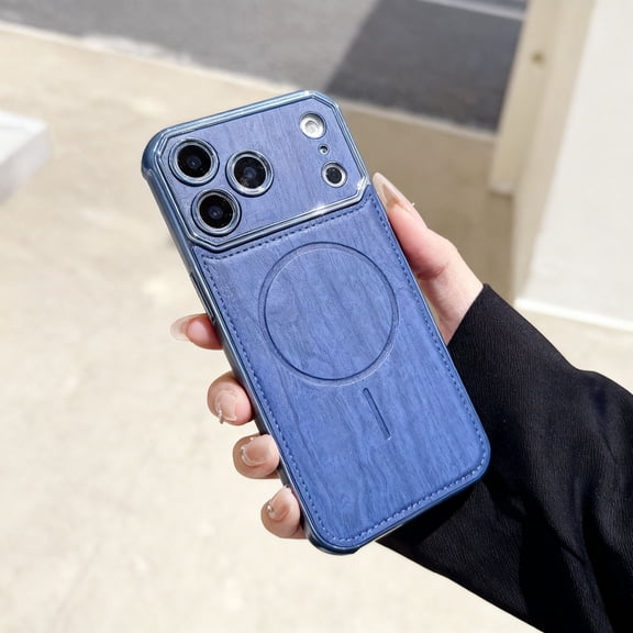 Magnetic Case for iPhone 17, [Compatible with Mag-Safe] Wooden Texture PU Leather Hybrid Durable Protection Slim Shockproof Anti-Scratch Phone Case for iPhone 17, Blue