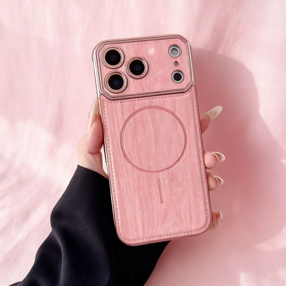 Magnetic Case for iPhone 17, [Compatible with Mag-Safe] Wooden Texture PU Leather Hybrid Durable Protection Slim Shockproof Anti-Scratch Phone Case for iPhone 17, Pink