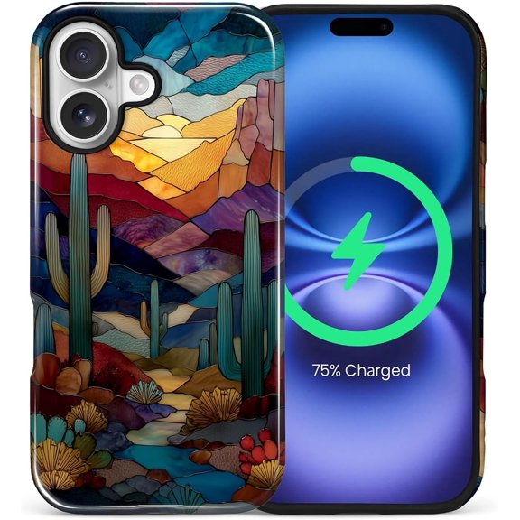 Magnetic Case for iPhone 17, Compatible with MagSafe Hybrid Heavy Duty 2 in 1 Full Body Rugged Shockproof Protection Glossy Case Stained Glass Cactus Desert Western