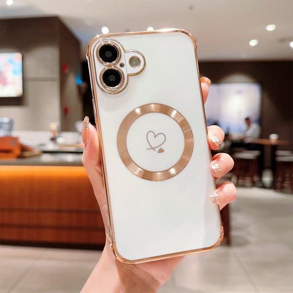 Magnetic Case For iPhone 17 Compatible with MagSafe, Luxury Electroplated Heart Design with Camera Lens Protection, Cute Aesthetic Shockproof Soft Slim TPU Protective Cover,White