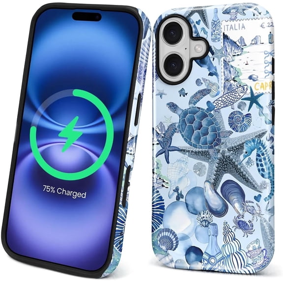 Magnetic Case for iPhone 17, Compatible with Magsafe PC Hard Shell Silicone Inner Bumper, Anti-Scratch Full-Body Cover Shockproof Slim Design Collage Retro Sea Turtle