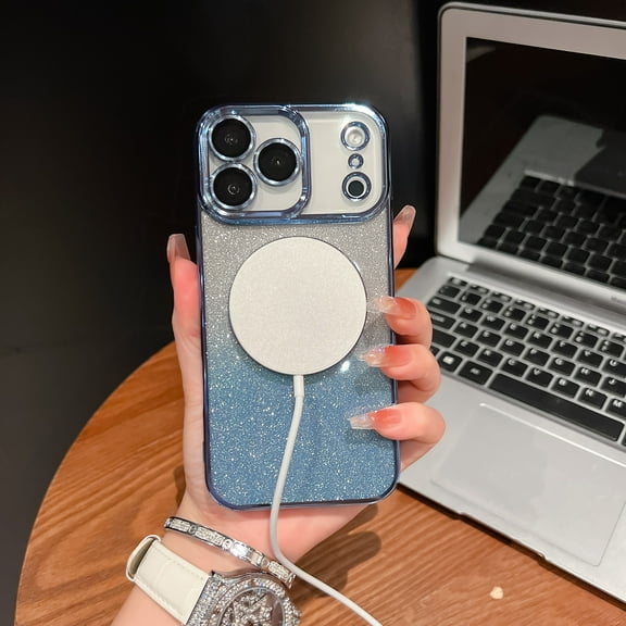 Magnetic Case for iPhone 17 Glitter, Luxury Plating Bling with Camera Lens Protector, Compatible with MagSafe, Slim Thin for Women Girls Shockproof Protective Clear Phone Cover, Blue