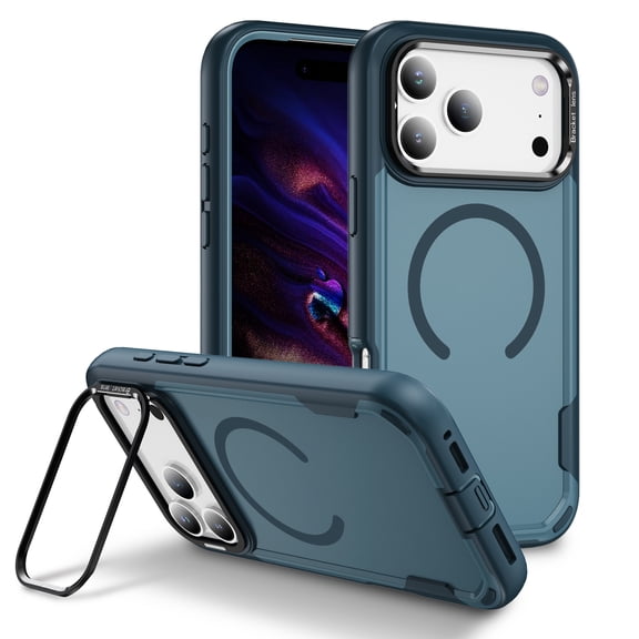 Magnetic Case for iPhone 17 Pro, 2-in-1 TPU+PC Slim Cover with Kickstand Camera Frame Cover, Wireless Charging Compatible, Skin-Friendly Lightweight Protective Case, Royal Blue + Blue