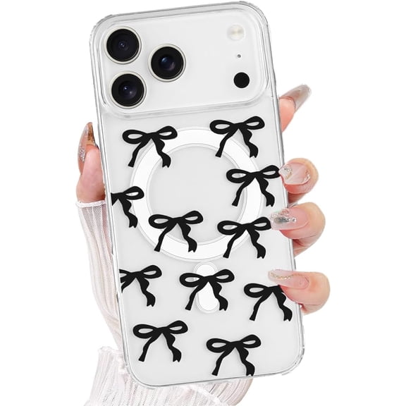 Magnetic Case for iPhone 17 Pro, [Compatible with MagSafe] Cute Clear Bow Bowknot Ribbon Pattern Aesthetic Shockproof Protective Soft Phone Cover for Girls Woman for iPhone 17 Pro 6.3", Black