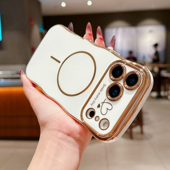 Magnetic Case for iPhone 17 Pro, Compatible with MagSafe, Cute Curly Wave Frame Case with Love Heart Pattern, Luxury Plating Edge Drop Protection Shockproof Phone Case for Women Girls, White