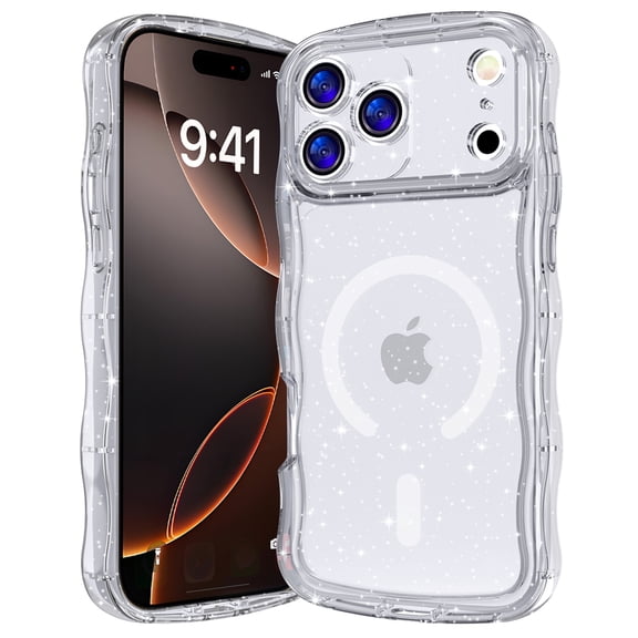Magnetic Case for iPhone 17 Pro, Compatible with MagSafe, Magnetic Clear Curly Wavy Frame Wave Sparkly Bling Glitter Transparent TPU PC Girls Women Case for iPhone 17 Pro, Silver