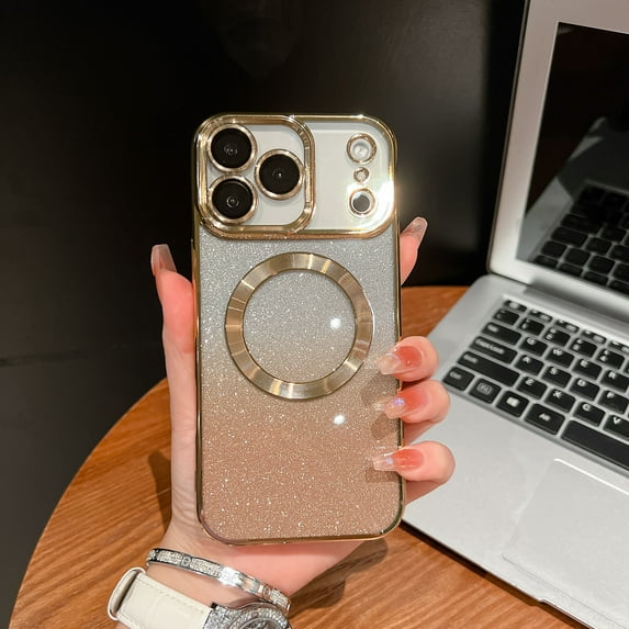 Magnetic Case for iPhone 17 Pro Glitter, Luxury Plating Bling with Camera Lens Protector, Compatible with MagSafe, Slim Thin for Women Girls Shockproof Protective Clear Phone Cover, Gold