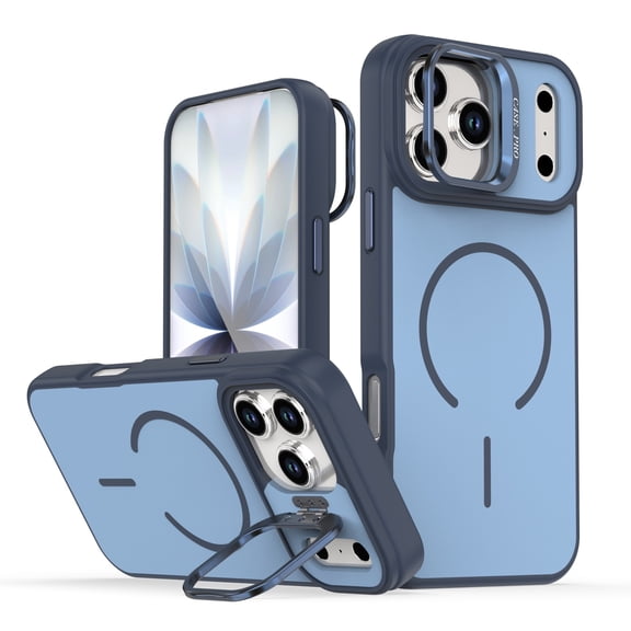 Magnetic Case for iPhone 17 Pro with Kickstand, Compatible with Magsafe, Built-in Camera Stash Stand, Military Protection, Frosted Skin Feeling Phone Case for iPhone 17 Pro, Blue