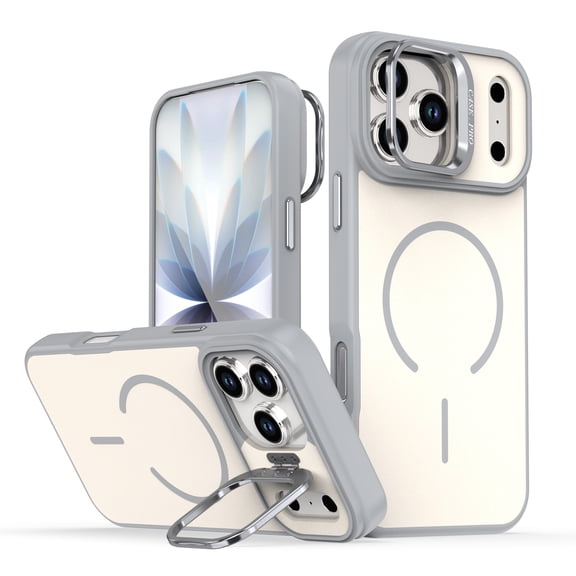 Magnetic Case for iPhone 17 Pro with Kickstand, Compatible with Magsafe, Built-in Camera Stash Stand, Military Protection, Frosted Skin Feeling Phone Case for iPhone 17 Pro, Gray