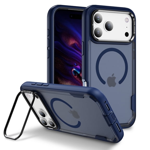 Magnetic Case for iPhone 17 Pro with Kickstand, Compatible with Magsafe, Built-in Camera Stash Stand, Military Protection, Skin Feeling Hybrid Phone Case for iPhone 17 Pro, Black + Clear Blue