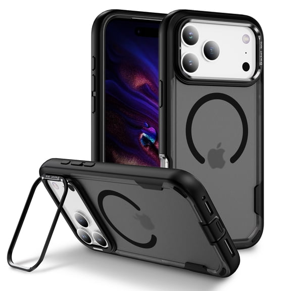 Magnetic Case for iPhone 17 Pro with Kickstand, Compatible with Magsafe, Built-in Camera Stash Stand, Military Protection, Skin Feeling Hybrid Phone Case for iPhone 17 Pro, Black + Clear Gray
