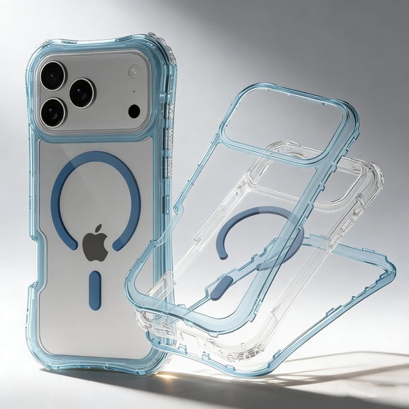 Magnetic Case for iPhone 17 Pro Max, Clear Magnetic 3-in-1 Design Frame Hybrid Shockproof Protective Case Cover with Detachable Anti-Lost Wrist Hand Strap, Compatible with Mag-Safe, Blue