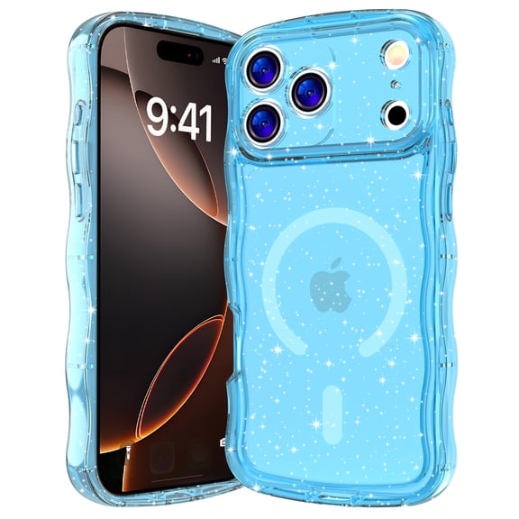 Magnetic Case for iPhone 17 Pro Max, Compatible with MagSafe, Magnetic Clear Curly Wavy Frame Wave Sparkly Bling Glitter Transparent TPU PC Girls Women Case for iPhone 17 Pro Max, Blue