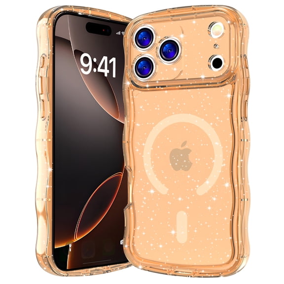 Magnetic Case for iPhone 17 Pro Max, Compatible with MagSafe, Magnetic Clear Curly Wavy Frame Wave Sparkly Bling Glitter Transparent TPU PC Girls Women Case for iPhone 17 Pro Max, Gold