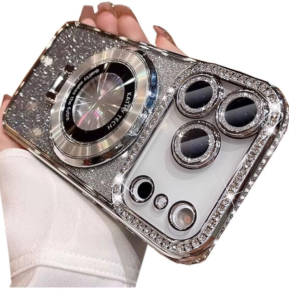 Magnetic Case for iPhone 17 Pro Max [Compatible with MagSafe] Ring Holder Stand, Women Girls Clear Cute Glitter Bling Cover Diamond with Camera Protectors Cover for 6.9", Silver