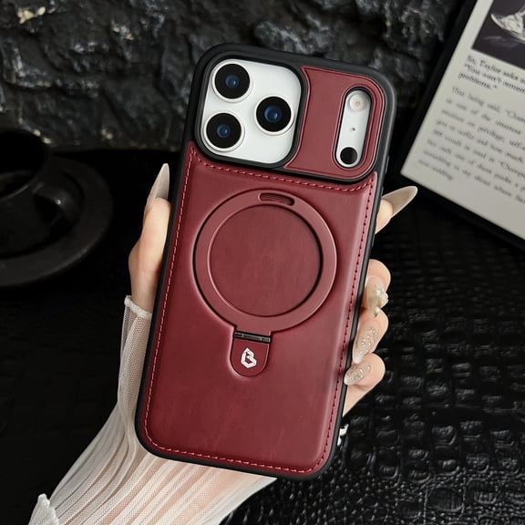 Magnetic Case for iPhone 17 Pro Max with Ring Holder Kickstand, Luxury Faux PU Leather Shockproof Anti-Scratch Slim Compatible with Mag-Safe Phone Cover for iPhone 17 Pro Max, Winered