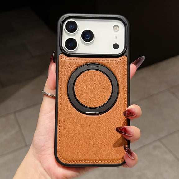 Magnetic Case for iPhone 17 Pro Max, Wireless Charging, Rotatable Ring Holder Stand Military Grade Shockproof Protection Classic PU Leather Phone Cover for iPhone 17 Pro Max, Brown