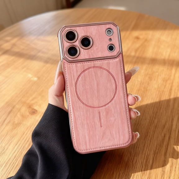 Magnetic Case for iPhone 17 Pro, Wooden Texture PU Leather TPU + PC Hybrid Phone Case, Compatible with Mag-Safe, Plating Edge Anti-Scratch Shockproof Cover for iPhone 17 Pro, Pink
