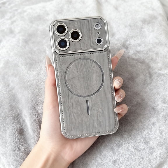 Magnetic Case for iPhone 17 Pro, Wooden Texture PU Leather TPU + PC Hybrid Phone Case, Compatible with Mag-Safe, Plating Edge Anti-Scratch Shockproof Cover for iPhone 17 Pro, Gray