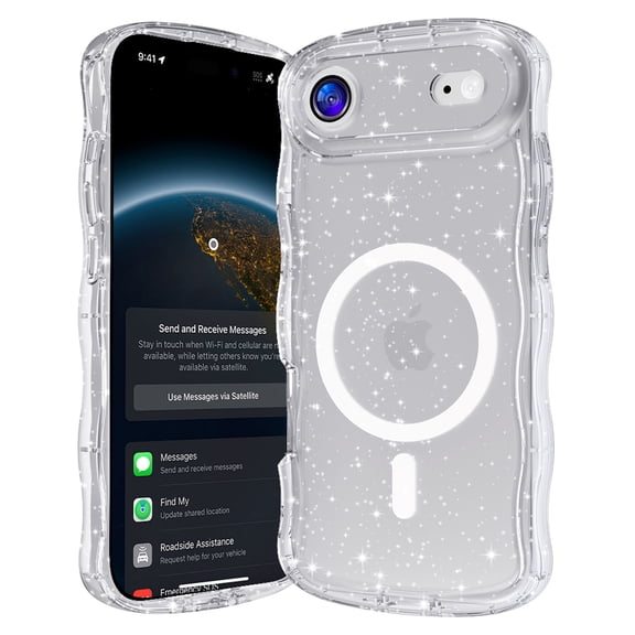 Magnetic Case for iPhone Air, Compatible with MagSafe, Magnetic Clear Curly Wavy Frame Wave Sparkly Bling Glitter Transparent TPU PC Girls Women Case for iPhone Air, Silver