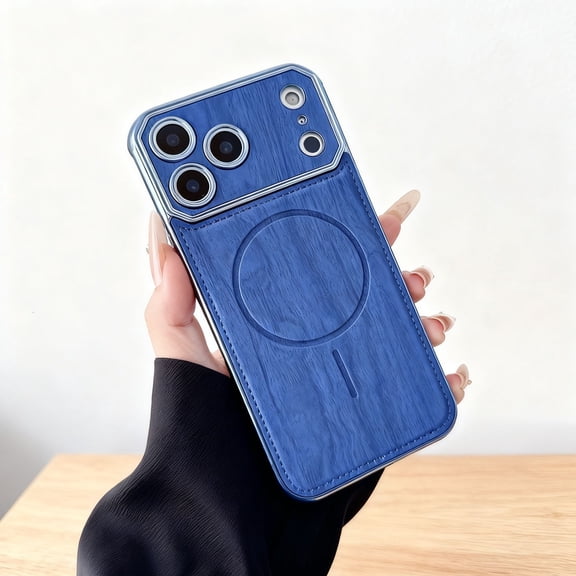 Magnetic Case for iPhone Air, Wooden Texture PU Leather TPU + PC Hybrid Phone Case, Compatible with Mag-Safe, Plating Edge Anti-Scratch Shockproof Cover for iPhone Air, Blue
