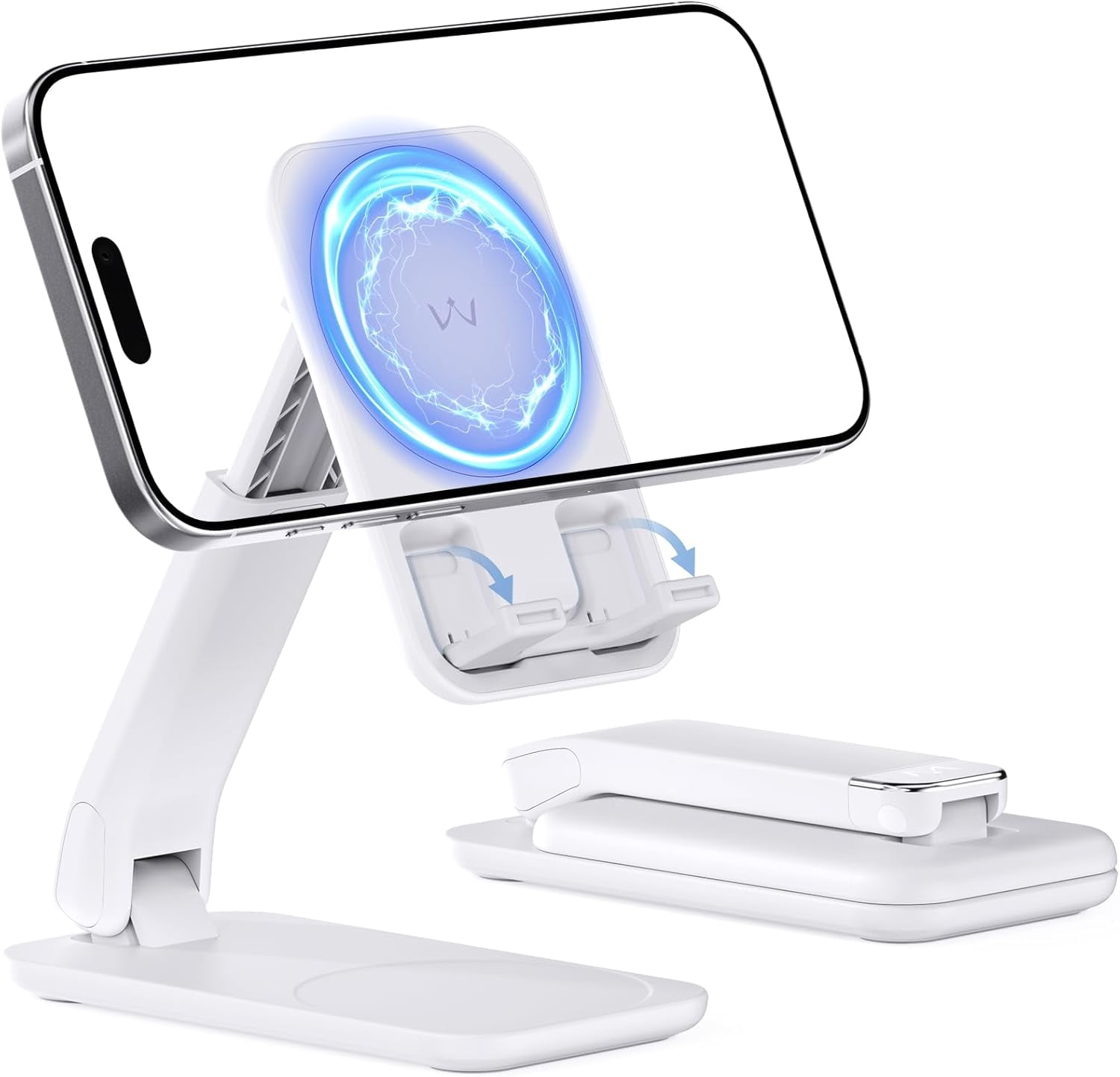 Magnetic Cell Phone Stand for Desk, Angle and Height Adjustable Mobile Phone Holder, Foldable Magnet Stand for iPhone 17 16 15 14 13 12 Pro Max and iPad, Cell Phone Holder for Samsung, White